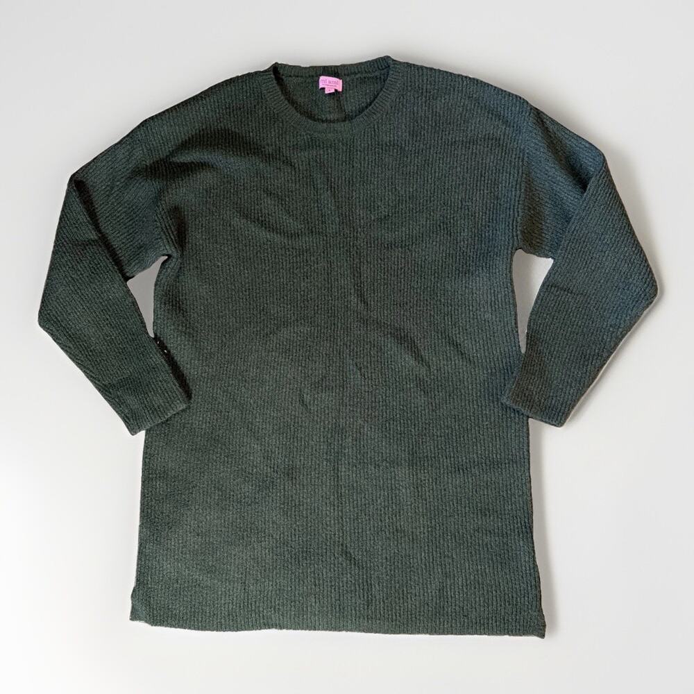 Mi Ami Francesca's Sz L Green Longline Ribbed Sweater Tunic Boho Minimalist Cozy